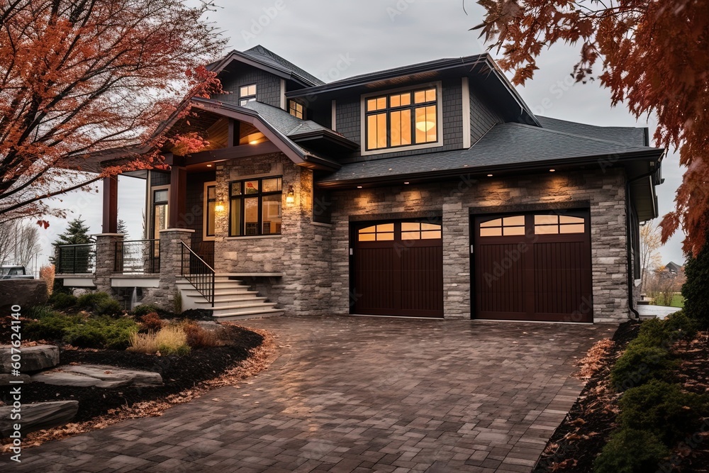 Innovative Architecture Meets Timeless Design: A New Construction with Double Garage, Dark Green Siding, and Natural Stone Accents, generative AI Innovative Architecture Meets Timeless Design: A New Construction with Double Garage, Dark Green Siding, and Natural Stone Accents, generative AI
