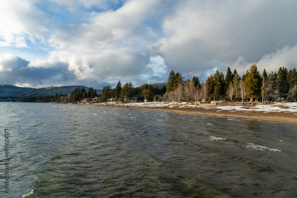 View of the Burnt Cedar Beach in Lake Tahoe during the winter time