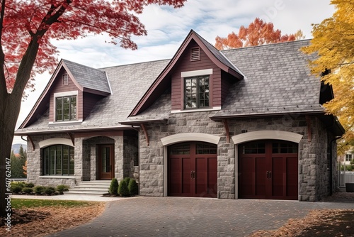 Innovative Architecture Meets Timeless Charm: A Newly Constructed Dwelling with Double Garage, Burgundy Siding, and Natural Stone Accents, generative AI