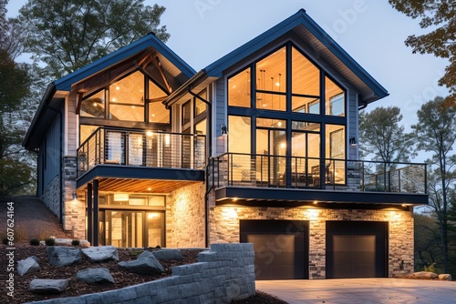 Cutting-Edge Aesthetic Modern Home with Two-Car Garage, Light Blue Siding, and Natural Stone Details., generative AI