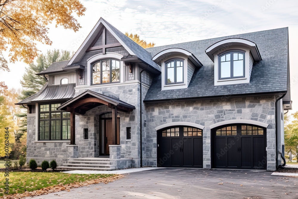 Innovative Architecture and Natural Stone Elements Accent Timeless New Construction with Double Garage and Light Blue Siding Color, generative AI