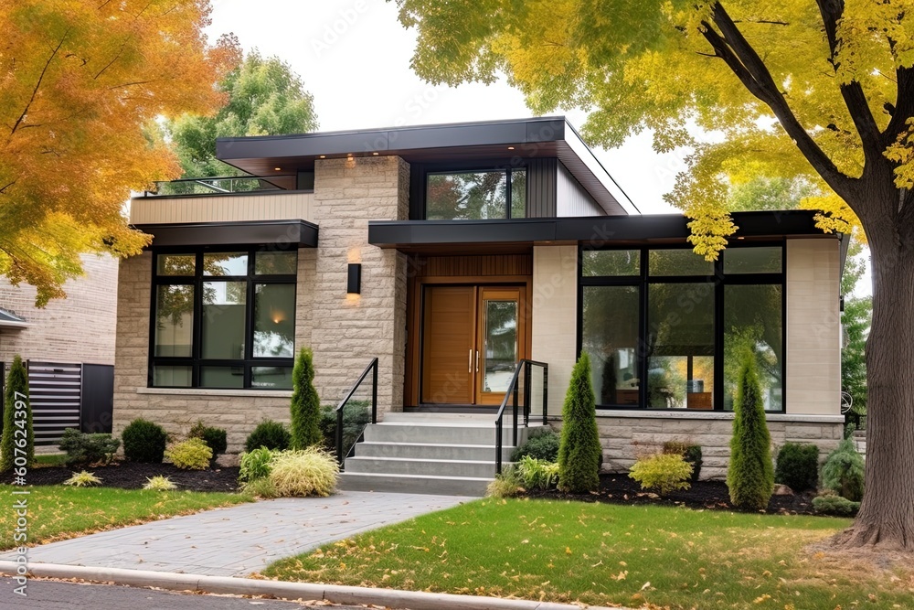 Cutting-Edge Features Meet Natural Stone Cladding: A Prestigious New Home with Single Car Garage and Bronze Siding, generative AI