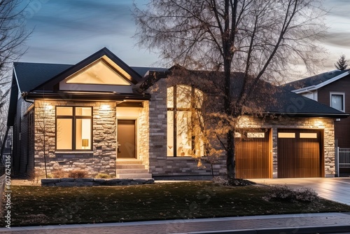Cutting-edge Features and Natural Stone Cladding Complement Prestigious Newly Developed Home with a Single Car Garage and Beige Siding, generative AI