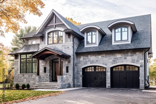 Innovative Architecture and Natural Stone Elements Accent Timeless New Construction with Double Garage and Light Blue Siding Color, generative AI