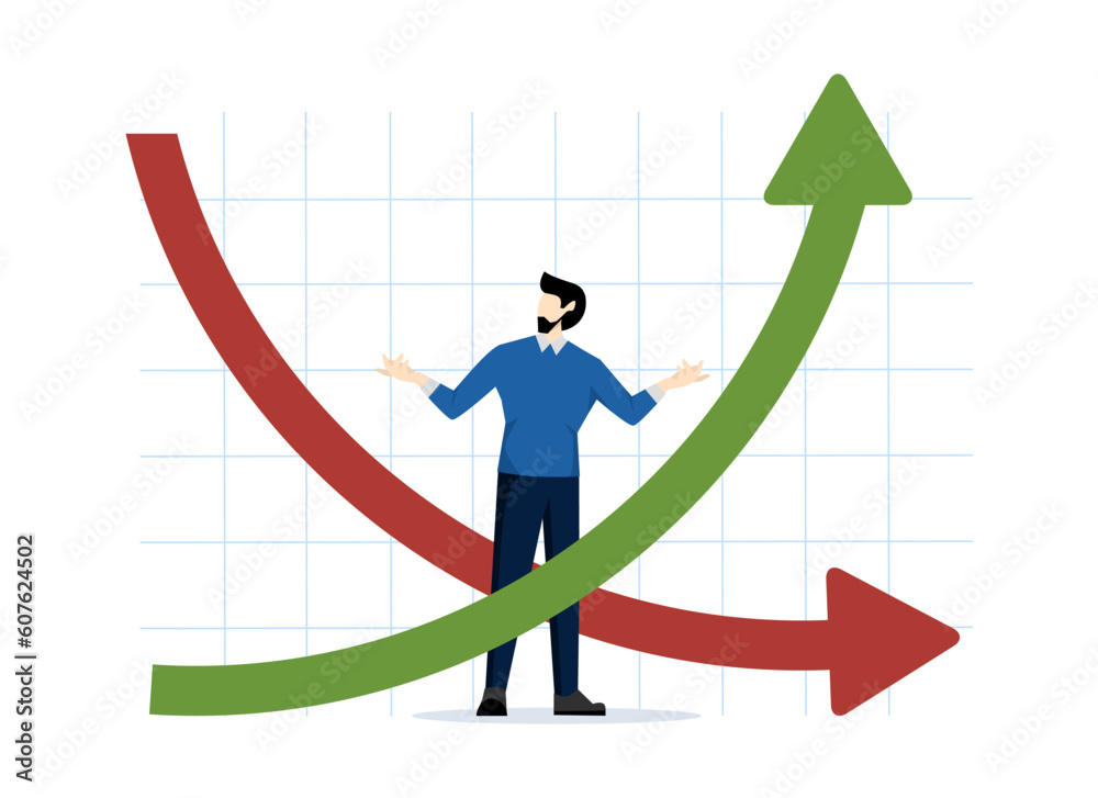 inverted yield curve. Inflation, recession, government bond yields. Investor businessman confused looking at inverted curve chart. flat vector illustration on a white background. inverted yield curve. Inflation, recession, government bond yields. Investor businessman confused looking at inverted curve chart. flat vector illustration on a white background.