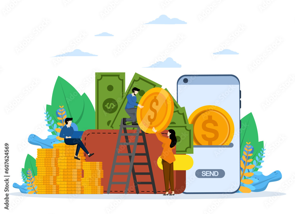 Naklejka premium Money transfer to e-wallet Concept, Showing businessman shopping activity using e-wallet, Suitable for landing page, UI, web, app intro card, editorial, flyer and banner, Vector Illustration.