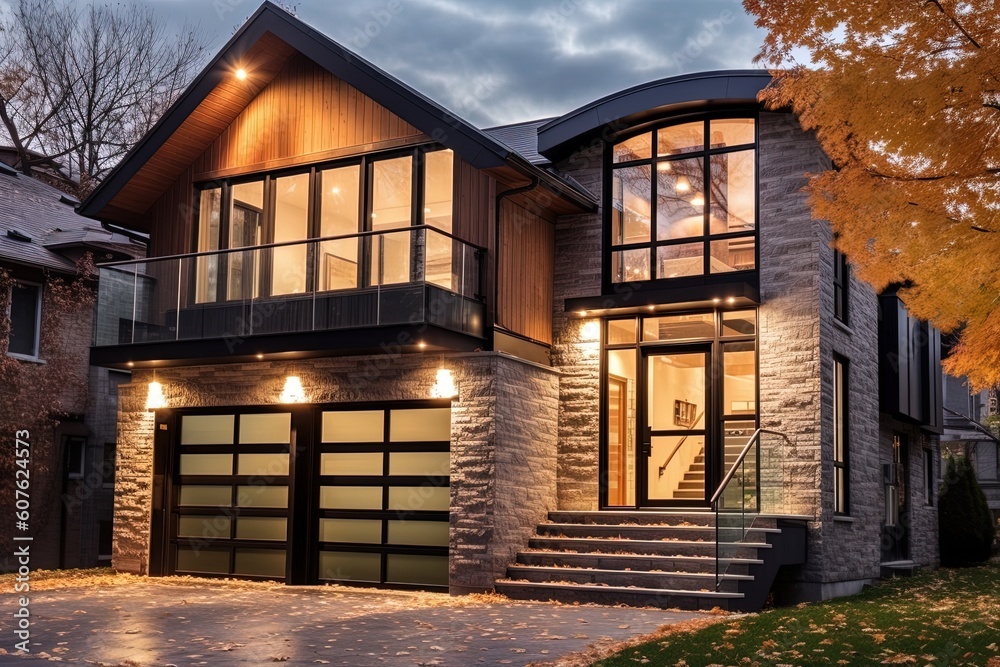 Innovative Architecture and Natural Stone Elements Complement Timeless New Dwelling with Double Garage and Bronze Siding, generative AI Innovative Architecture and Natural Stone Elements Complement Timeless New Dwelling with Double Garage and Bronze Siding, generative AI