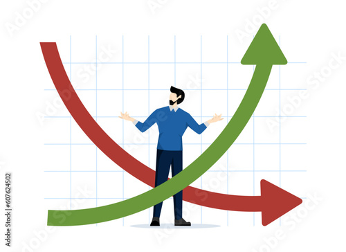inverted yield curve. Inflation, recession, government bond yields. Investor businessman confused looking at inverted curve chart. flat vector illustration on a white background.