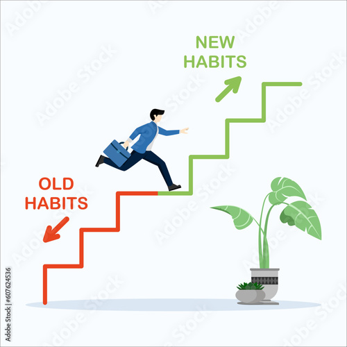 Businessman climbing ladder to new habit, Old Habit and new habit choice, Choose new direction, make choice concept. flat vector illustration on white background.