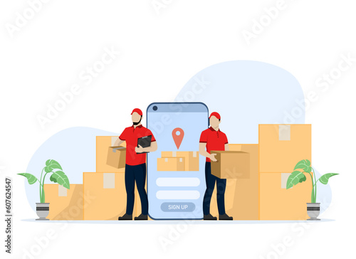 Smart warehouse management system application. Employees log into their phones with a warehouse control app. flat vector illustration on white background.