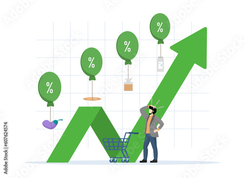 impact on economic growth. Inflation rises due to growth in monetary value. Food price inflation. consumer goods float in hot air balloons. vector illustration.