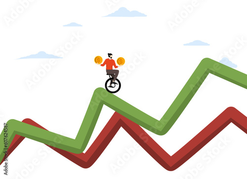Protect your funds from stock market or cryptocurrency volatility. Economic crisis or inflation. Up and down volatility graphs. Businessman riding a unicycle on a stock chart. flat vector illustration