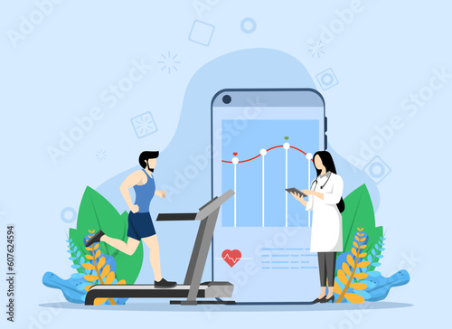 Cardio Control Concept, Showing young man running on cardio control treadmill, Suitable for landing page, UI, web, app intro card, editorial, flyer and banner, Vector Illustration. photo