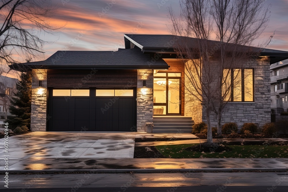 Modern Two-Car Garage Residence with Light Gray Siding and Natural Stone Walls, generative AI Modern Two-Car Garage Residence with Light Gray Siding and Natural Stone Walls, generative AI