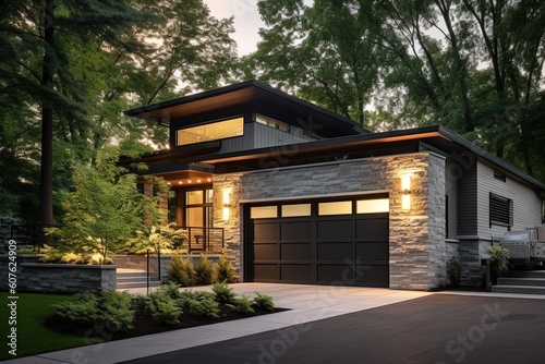 Modern Styled Refined Residence with Two-Car Garage, Natural Stone Walls, and White Siding, generative AI © Michael