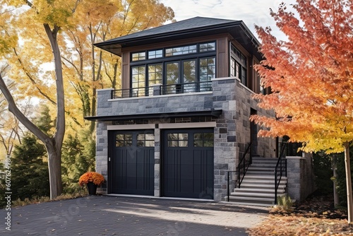 Modern Styling: Refined Fresh Development Residence with Two-Car Garage, Navy Blue Siding, and Natural Stone Walls., generative AI