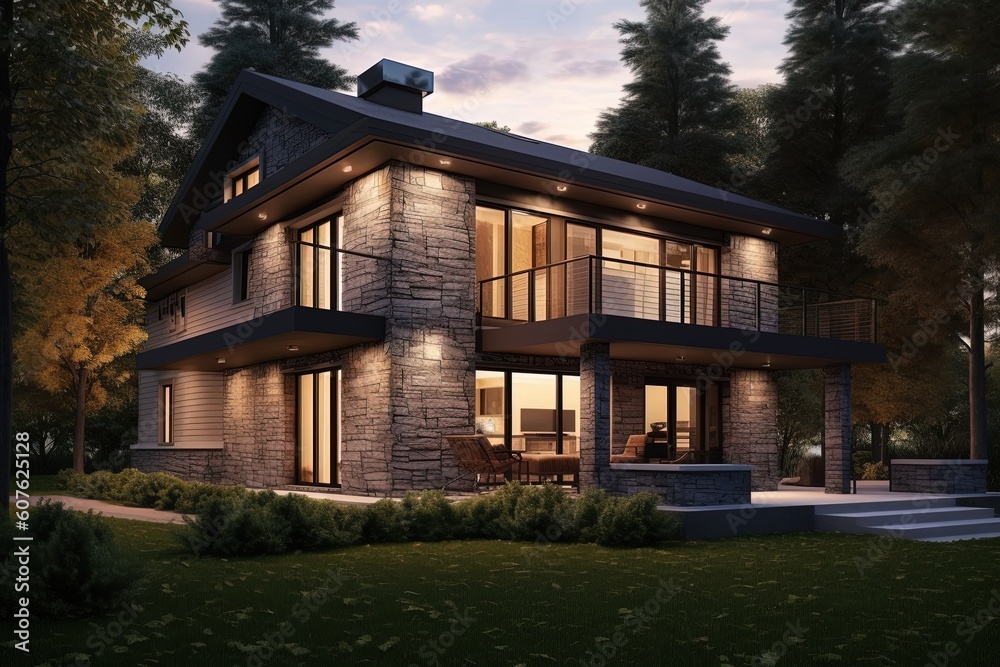 Modern Styling and Refined Amenities: A Fresh Development Residence with Two-car Garage, Burgundy Siding, and Natural Stone Walls, generative AI
