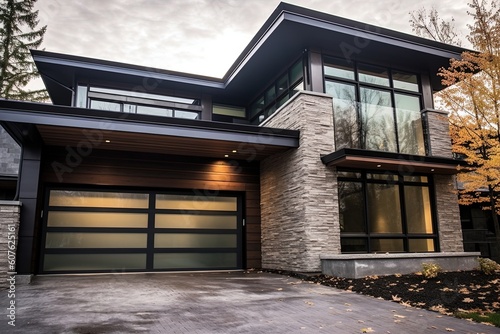 Bronze Siding and Natural Stone Entrance Adorn Sublime Modern-Styled Home with Single Car Garage, generative AI