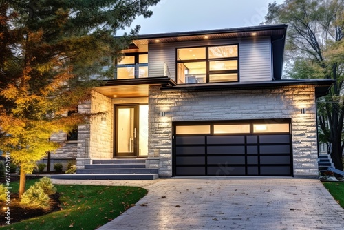 Modern Style Sublime House with Natural Stone Entrance and Beige Siding and One-Car Garage, generative AI