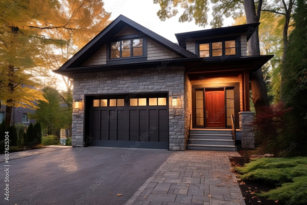 Modern Styling Meets Nature: A Sublime New House with Single Car Garage and Green Siding, generative AI Modern Styling Meets Nature: A Sublime New House with Single Car Garage and Green Siding, generative AI
