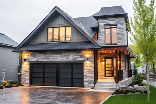 Modern Styling Meets Natural Stone: A Sublime New House with Green Siding and Single Car Garage, generative AI © Michael