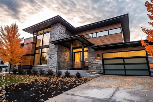 Cutting-Edge Modern Home: Natural Stone Details and Coral Siding with Two-Car Garage, generative AI