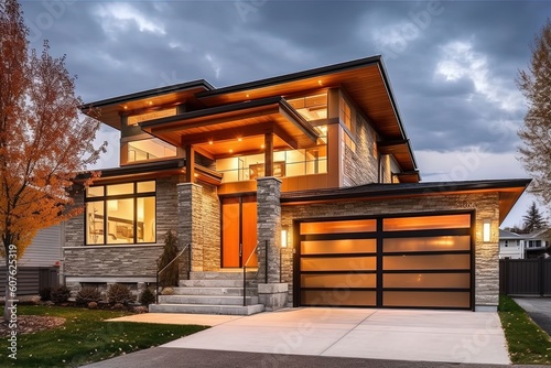 Cutting-Edge Aesthetic: Modern Home with Natural Stone Details and Orange Siding Featuring Two-Car Garage, generative AI