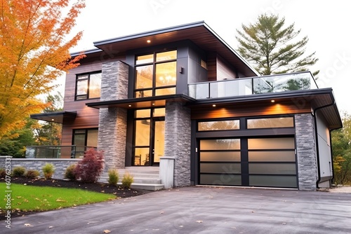 Modern Styling and Natural Stone Entrance: A Sublime New House with Single Car Garage and Gray Siding, generative AI