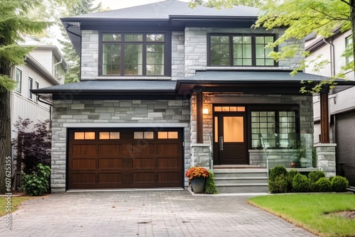 Modern Styling meets Natural Green Aesthetics in a Sublime New House with Single Car Garage and Stone Entrance, generative AI