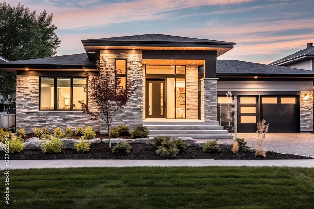 Modern Styling and Natural Stone Entrance Complement Sublime New House with Light Gray Siding and Single Car Garage, generative AI