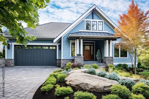 Modern Styling and Natural Stone Entrance Complement Sublime Light Blue Siding House with Single Car Garage, generative AI