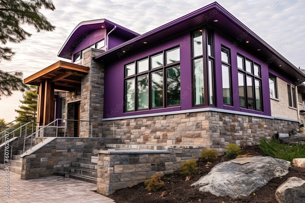 Modern Styling Meets Natural Stone Entrance at Sublime New Home with Single Car Garage and Striking Purple Siding, generative AI