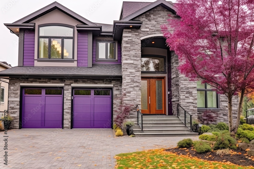 Modern Styling Meets Unique Design: A Sublime New House with Single Car Garage, Natural Stone Entrance, and Inviting Purple Siding, generative AI
