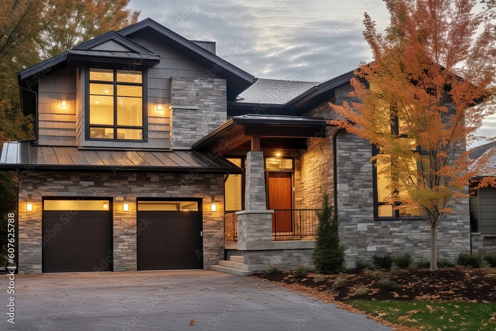 Cutting-Edge Aesthetic: Modern Newly Built Home with Two-Car Garage, Light Gray Siding, and Striking Natural Stone Details, generative AI Cutting-Edge Aesthetic: Modern Newly Built Home with Two-Car Garage, Light Gray Siding, and Striking Natural Stone Details, generative AI