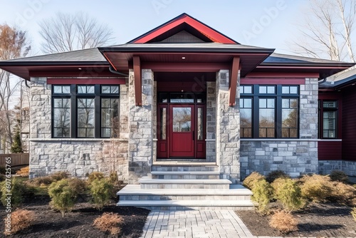 Modern Styling and Natural Stone Entrance Complement Sublime New House with Red Siding and Single Car Garage, generative AI