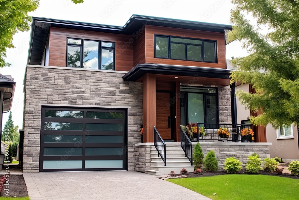Cutting-Edge Features, Natural Stone Cladding, and Single Car Garage in Prestigious New Home with Brown Siding, generative AI