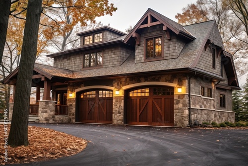 Double Garage and Natural Stone Elements Highlight Innovative Architecture in Timeless New Build with Brown Siding, generative AI