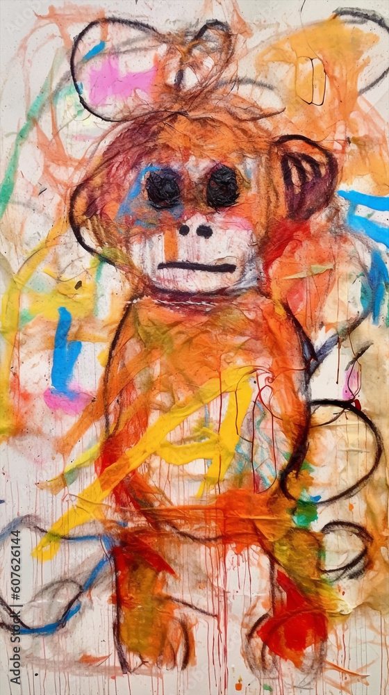 Unfinished Masterpiece Of A 5-year-old Kid Playful Drawing Of Monkey with Crayons On White Construction Paper Generative Ai Digital Illustration