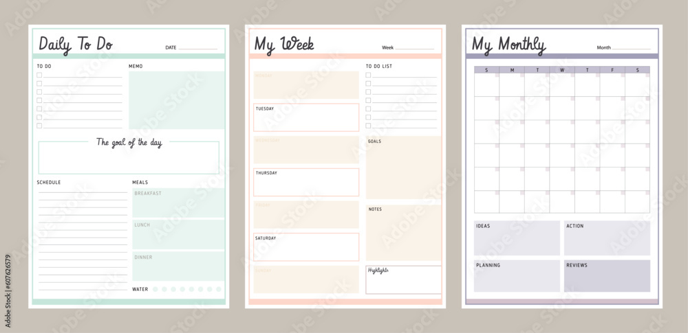 3 set of daily, week, monthly planner. Plan your day make dream happen. 3 set of daily, week, monthly planner. Plan your day make dream happen.