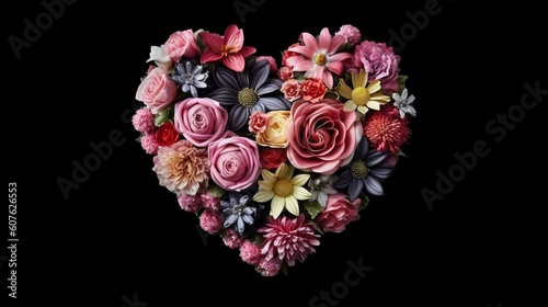 Top view arrangement of colorful flowers with heart shape placed on black background. Generative ai