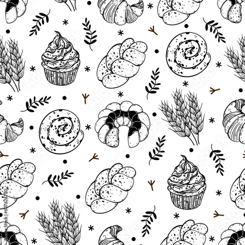 Sweet pastry seamless vector pattern. Gugelhupf sponge cake, cupcake, croissant, loaf, bun. Organic grain baked goods and spikelets. Food sketch. Black and white background for packaging, menu, web