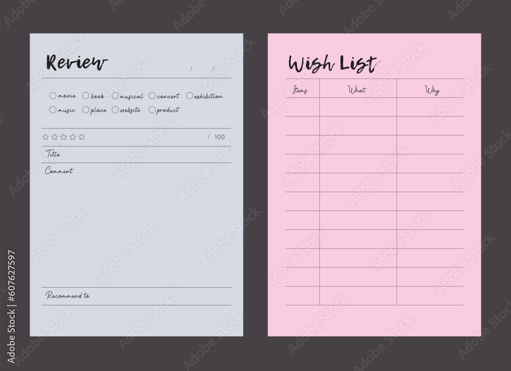 Review Wishlist Planner. Minimalist planner template set. Vector illustration.