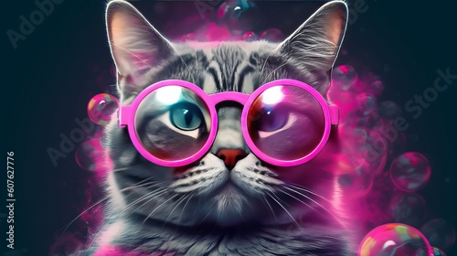 Cat wearing glasses and bubble with pink bubbles. Generative ai © NK