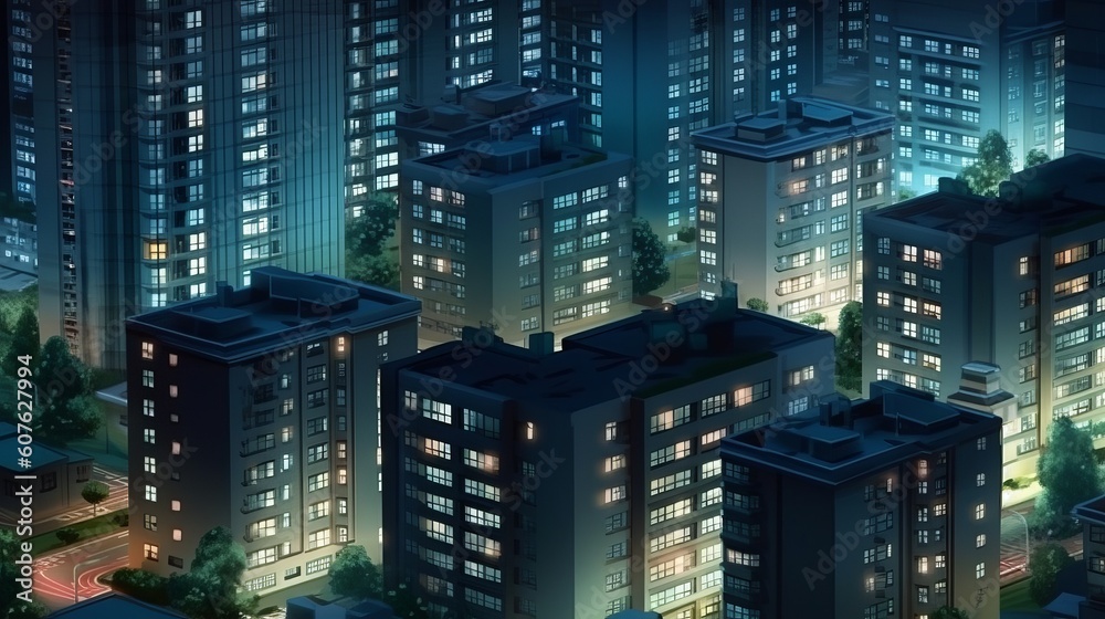 City night landscape. Residential high-rise buildings. Generative ai City night landscape. Residential high-rise buildings. Generative ai