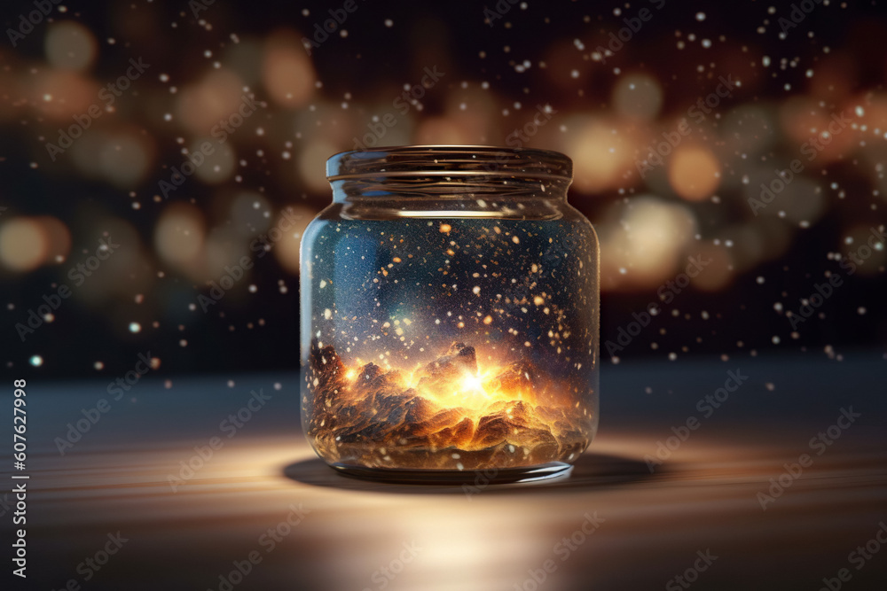 Magic in a Glass Jar. Simulated Starry Sky. Unveiling the Unreal Universe, Galaxy of Stars, Glimpse of Milky Way, Astronomy Magic, Cosmic Fantasy in Space, Science. Generative AI Magic in a Glass Jar. Simulated Starry Sky. Unveiling the Unreal Universe, Galaxy of Stars, Glimpse of Milky Way, Astronomy Magic, Cosmic Fantasy in Space, Science. Generative AI