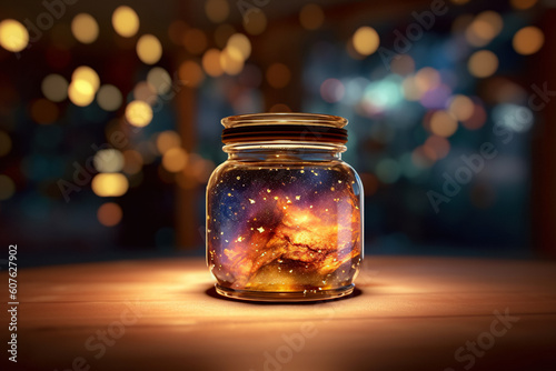 Magic in a Glass Jar. Simulated Starry Sky. Unveiling the Unreal Universe, Galaxy of Stars, Glimpse of Milky Way, Astronomy Magic, Cosmic Fantasy in Space, Science. Generative AI