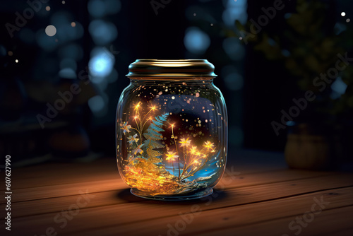 Magic in a Glass Jar. Simulated Starry Sky. Unveiling the Unreal Universe, Galaxy of Stars, Glimpse of Milky Way, Astronomy Magic, Cosmic Fantasy in Space, Science. Generative AI