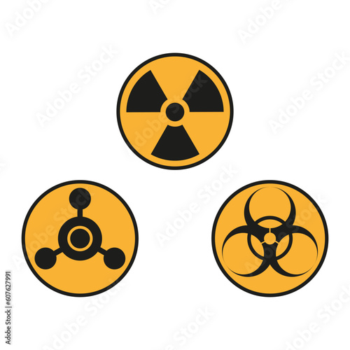 Warning signs, symbols. Danger, poison, biohazard, electricity, high voltage, chemical, waste, radioactive, explosion, bomb, flame, virus, toxic, icon set. Vector illustration.