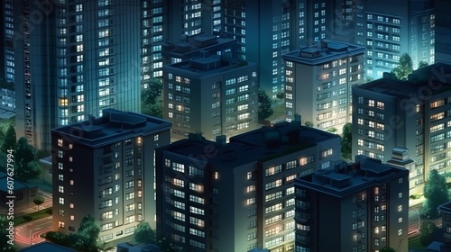 City night landscape. Residential high-rise buildings. Generative ai