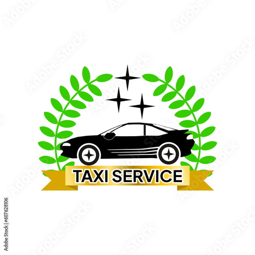 Taxi service logo with ribbon and Laurel wreath on isolated white background